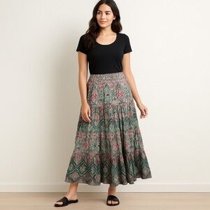 Style & Co. Maxi Skirt Petite Boho Print Tiered Ruffle Hem Elastic Waist PLarge‎